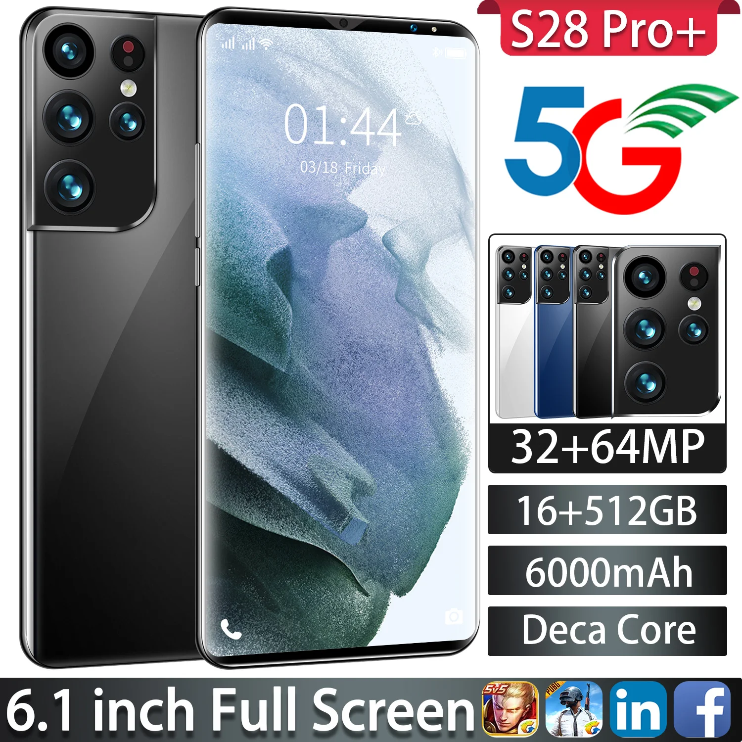 

S28 Pro 6.1 Inch Full Screen 6000mAh 5G Net 32MP 64MP 16GB 512GB Large Battery Smartphone Deca Core Cellphone Snapdragon 888