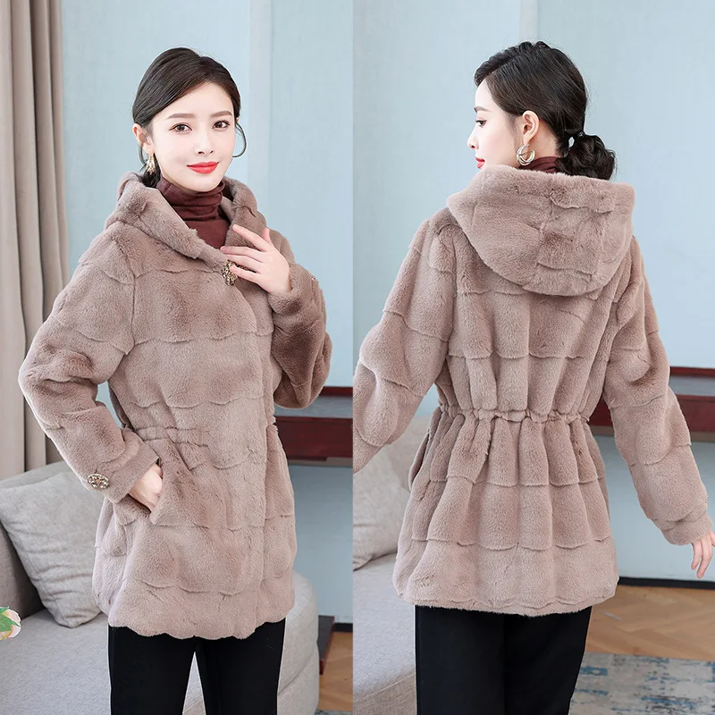 Fur Coat Women Winter Coats and Jackets 2021 The New Keep Warm Fashion Hooded Thin Waist Rope Rhinestone Buckle