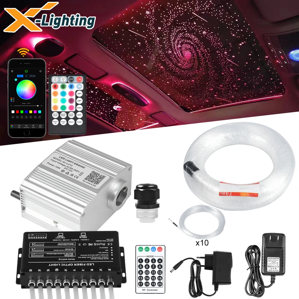 10W Twinkle RGBW Fiber Optic Light Engine LED Starry Ceiling Lamp Kit 0.75mmx200pcsx2m With 5W Meteor Machine