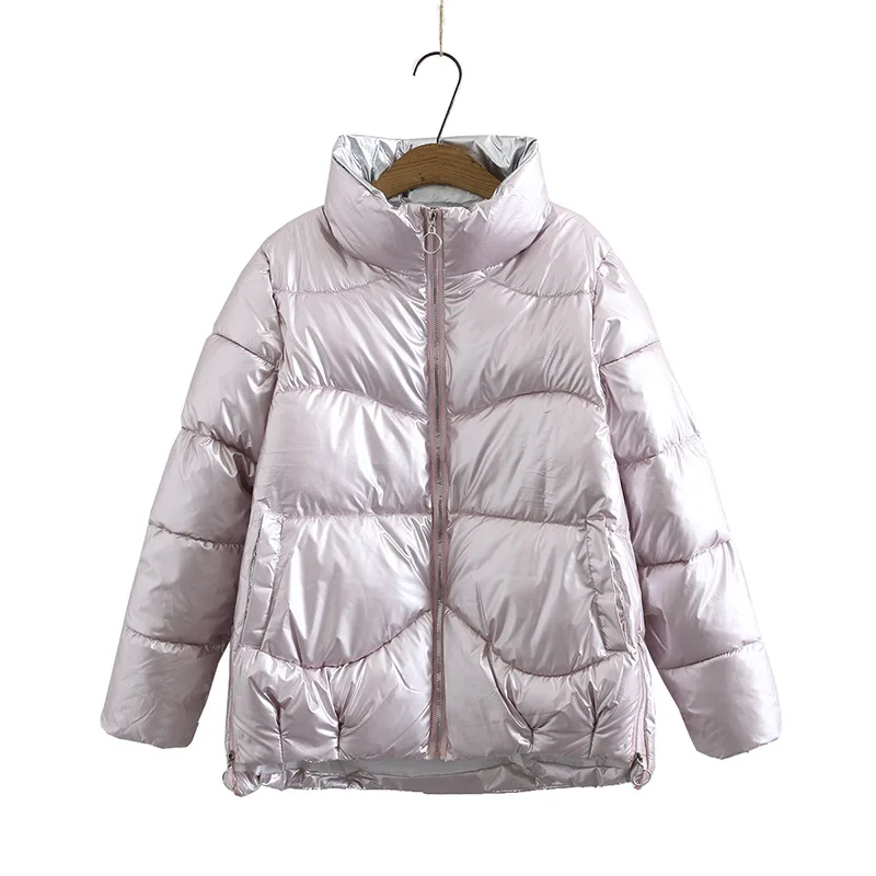 

Plus Size Loose Casual Down Jacket Women Korean Style Winter Glossy Silver Long Sleeve Parka Outwear Down Padded Coats Female