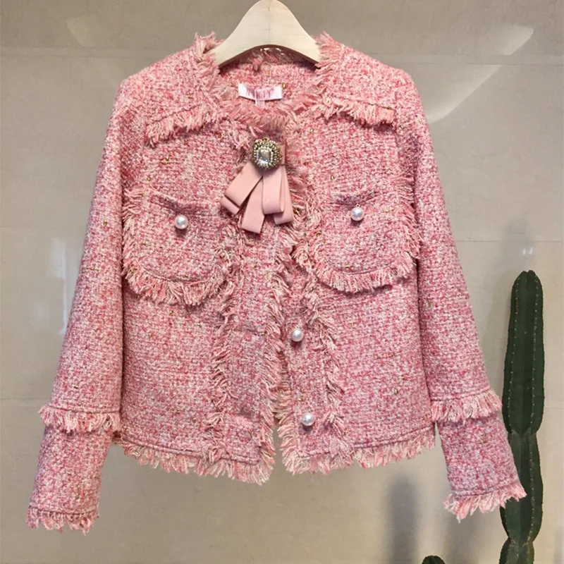 

2021 Vintage Wool Tweed Jackets Women Plaid Tassel Cropped Bomber Jacket Coat Autumn Winter Outwear Elegant Harajuku Pearls Bow