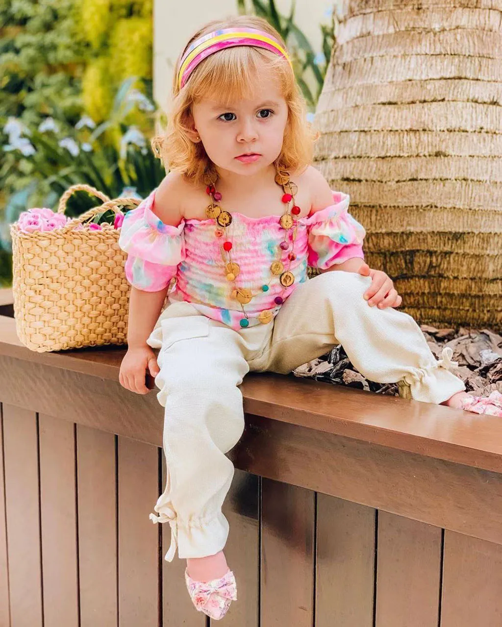 Топы с открытыми плечами и цветочным принтом для маленьких девочек + штаны