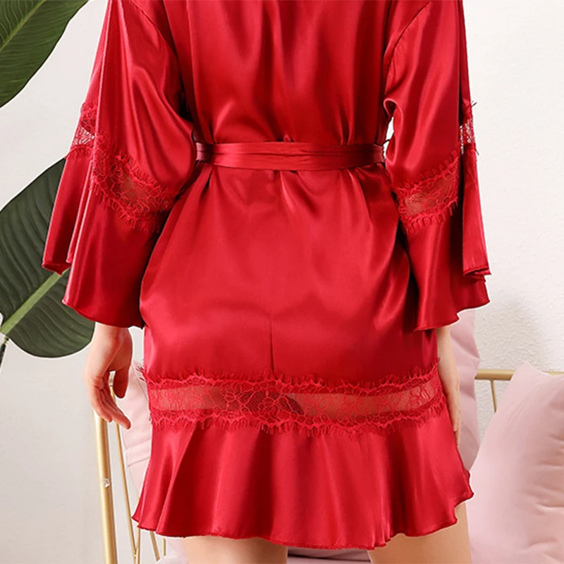 New High-End Home Service Ladies Imitation Silk Sexy Soft Silky Nightgown Lace Perspective Temptation Princess Pajamas
