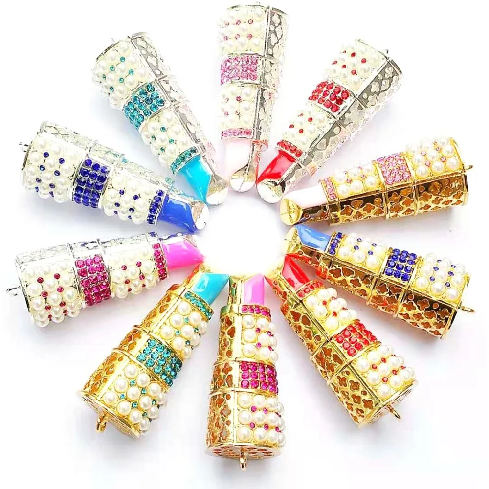 

10pcs Pearl Colorful Rhinestone Big Lipstick charms for women DIY jewelry accessories L4