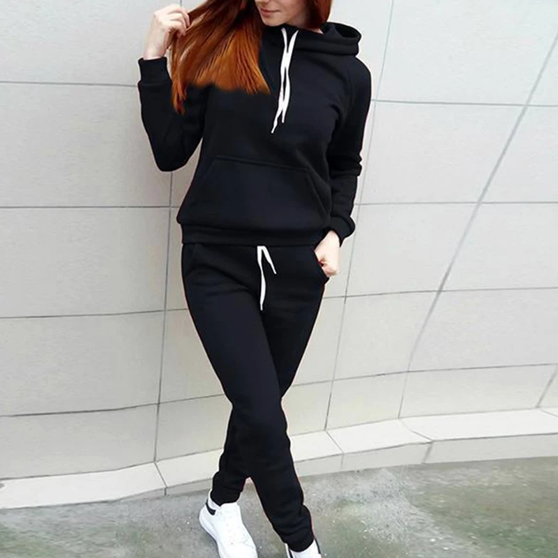 

Fashion Ladies Sports Suit 2-Piece Casual Hooded Pullover Fitness Thermal Clothing Solid Color Sportswear Tops Drawstring Pants