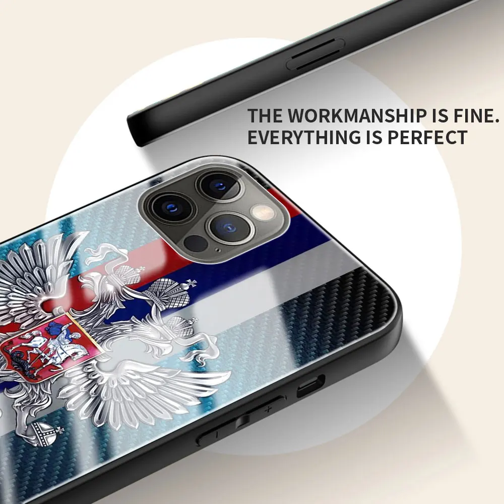 Glass Cover for iPhone 11 12 Pro 7 8 XR X 6 6S Plus 5 XS Max SE Tempered Coque Silicone Soft Edge Case Russia Flag Emblem