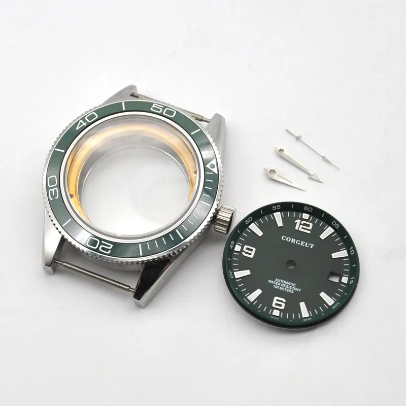 

41mm Watch Case GREEN set dial hands Parts Brass Coated 316L SS Fit Miyota8215 821A Seagull st1612 movement mens waterproof swim