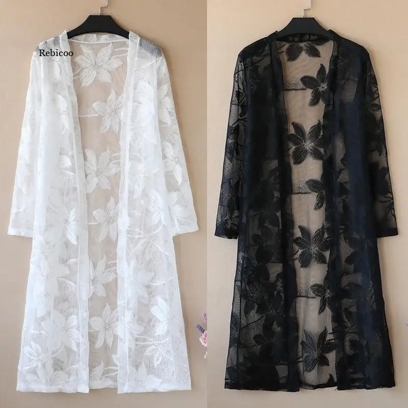 

Summer Elegant Long Jacket Coat Womens Vintage Lace Mesh Beach Sunscreen Shirt Coats Female Streetwear Vestidos Loose Jackets