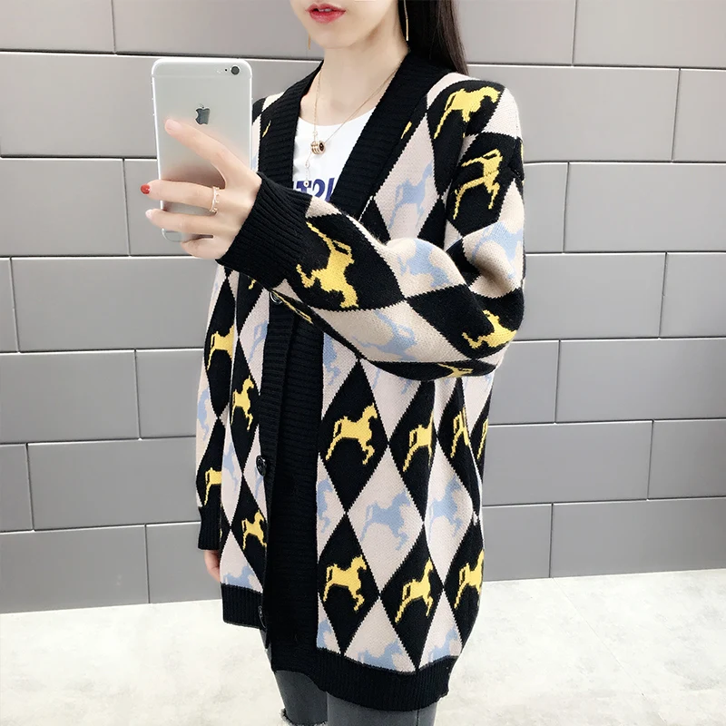 2019 New Spring Autumn Female Loose Student Sweater Cardigan Lattice Printed Single Breasted Color matching Knitting Women SS513 |