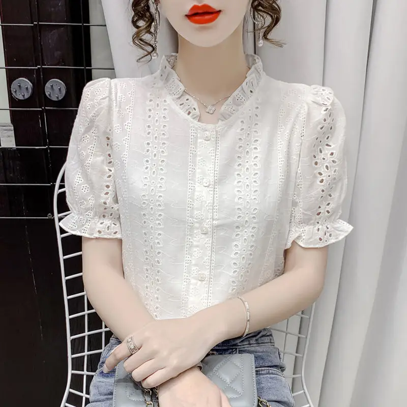 

2021 New Summer Women Blouses Casual Short Sleeve Ruffles Embroidery Cotton Shirts Fashion Elegant Office Lady Tops Clothing
