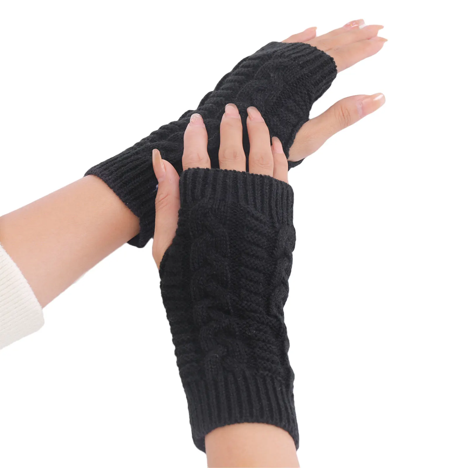 

Women Solid Color Fingerless Gloves Winter Warm Knitted Stretch Thumbhole Arm Warmers Mittens