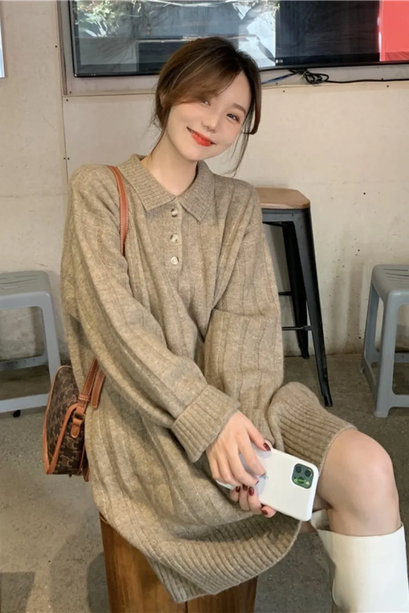 

Korean Version Loose And Versatile Thin Lapel Medium Length Sweater Women's Winter 2020 New Thickened Warm Dress
