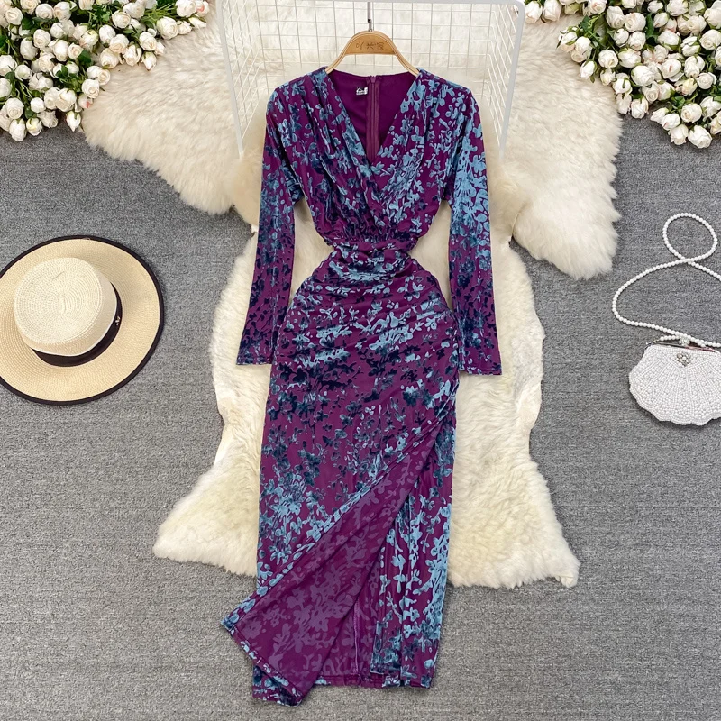 

Autumn Winter Fashion Women Elegant V-neck Long Party Dress Lady Slim Split Floral Printed Evening Party Maxi Long Dresses