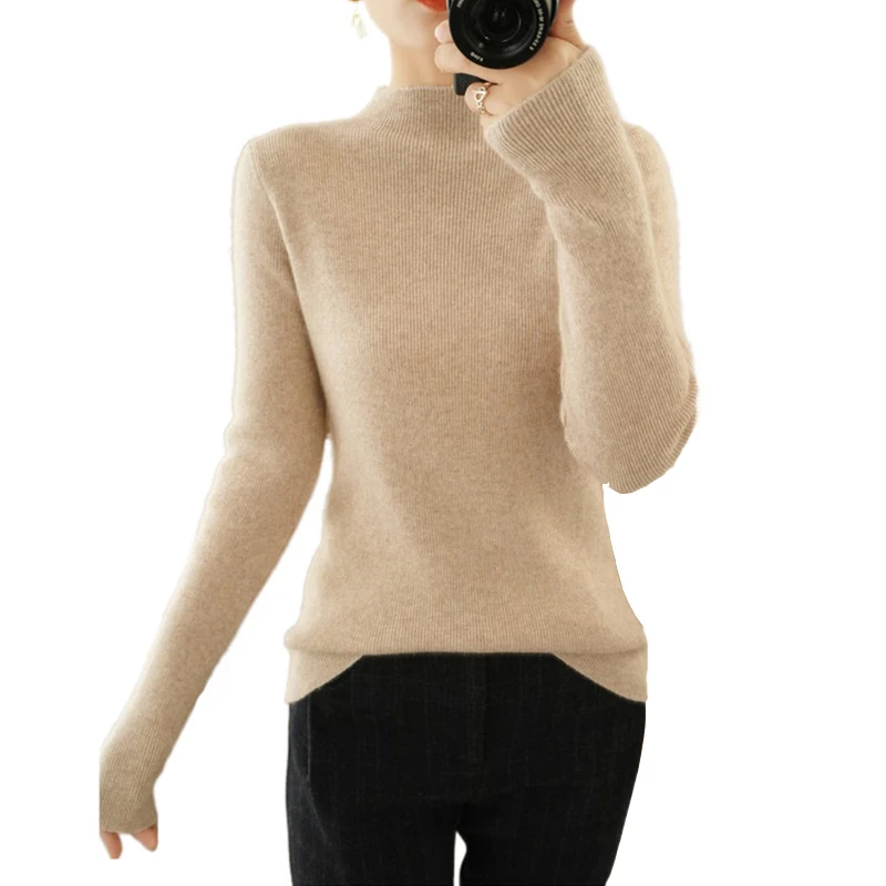 

Women Half High Collar Cashmere Sweater Autumn Winter Sloid Color Knitted Jumper Female Casual Basic Bottoming Pullover Sweaters