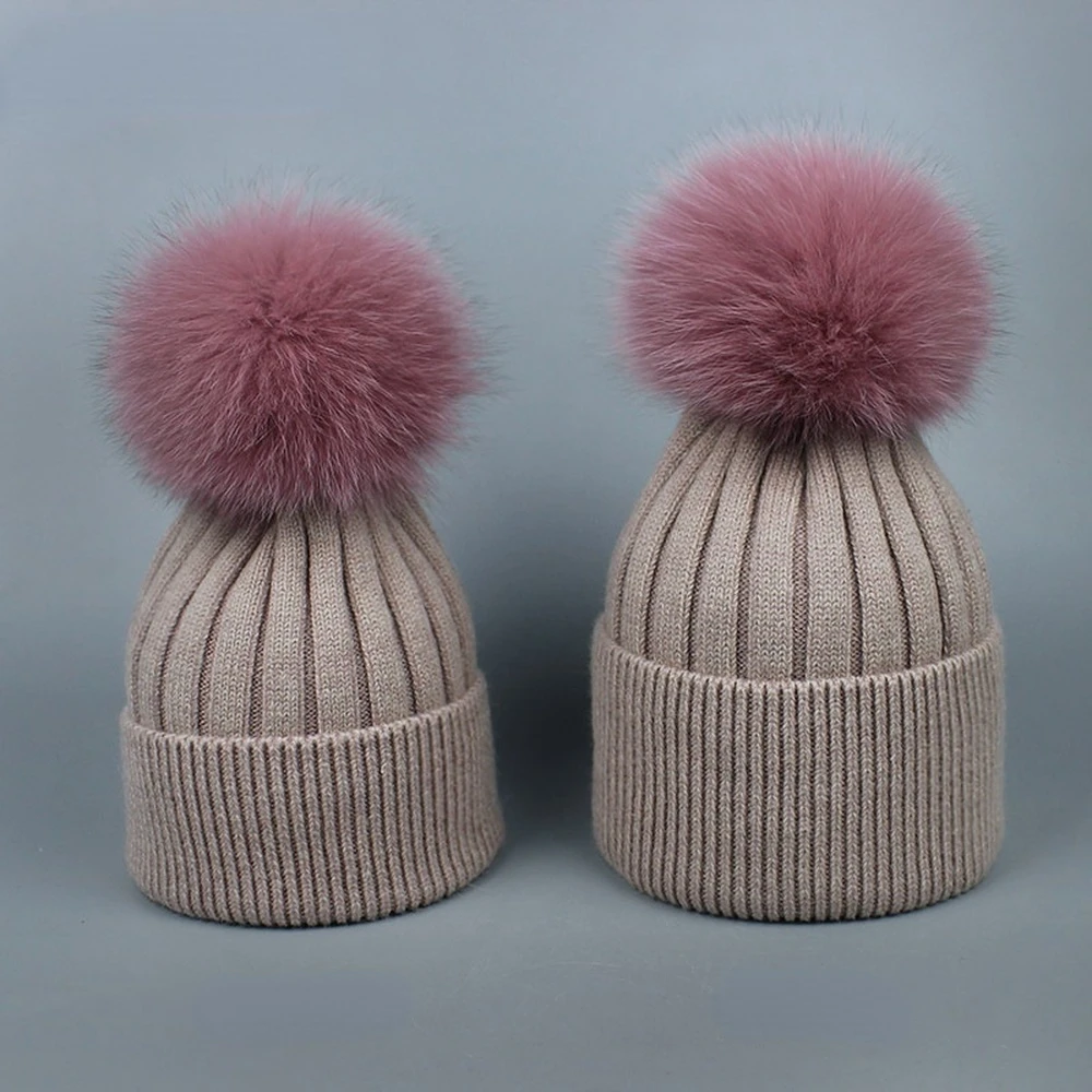 

Sheep Wool Knitted Hat with POMPOM Fox Fur Winter Kids Skully Cap Warm Children Beanies Family Look Mom and Child Hats