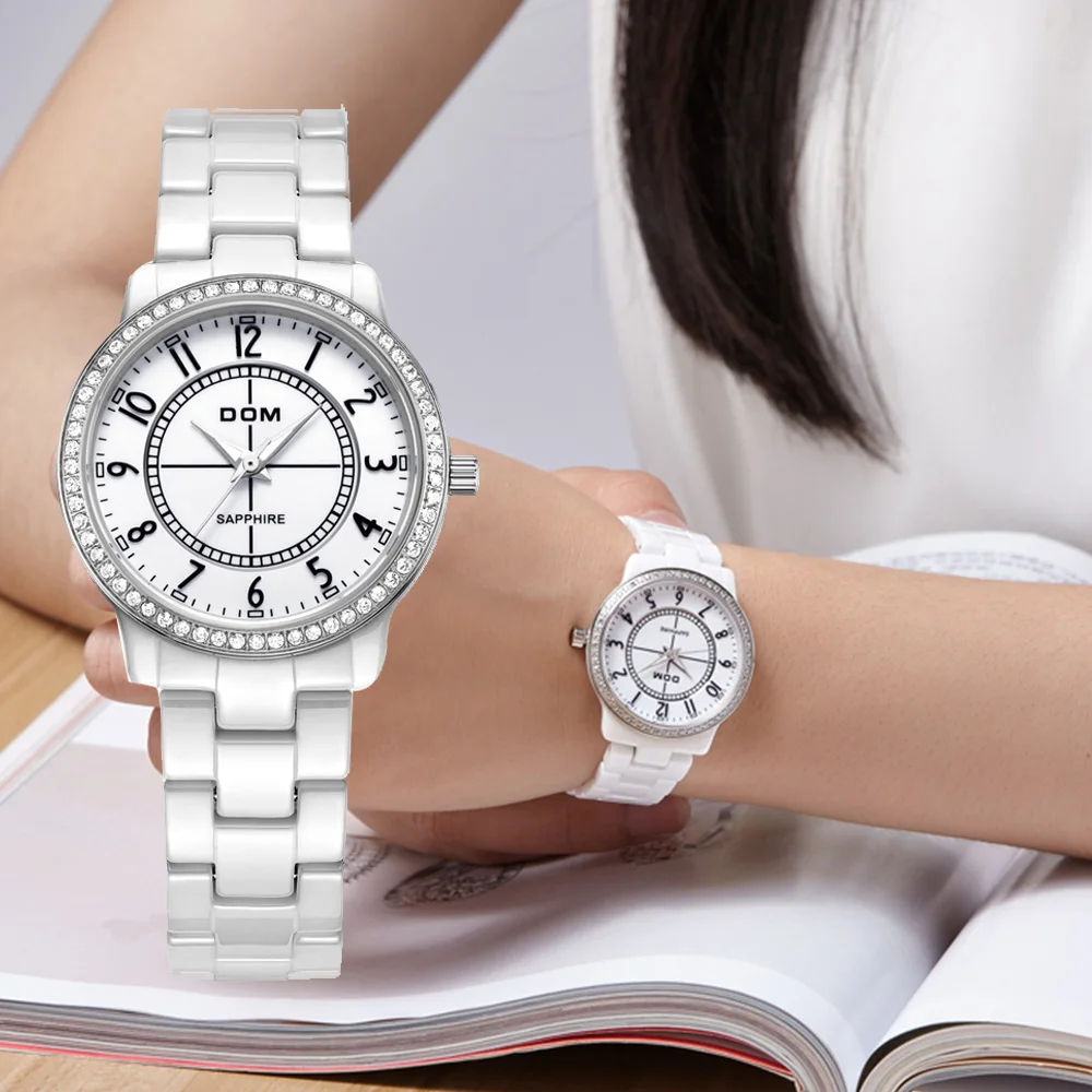 

Fashion Women Diamonds Wrist Watches DOM T-558 Ceramics Watchband Top Luxury Brand Dress Ladies Geneva Quartz Clock