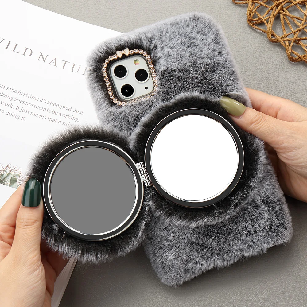 

Mobile Phone For IPhone 11 Pro Max Luxury Cute Mirror Fur Fluffy Case Women Winter Soft Cover Case for Apple 11 Pro Max