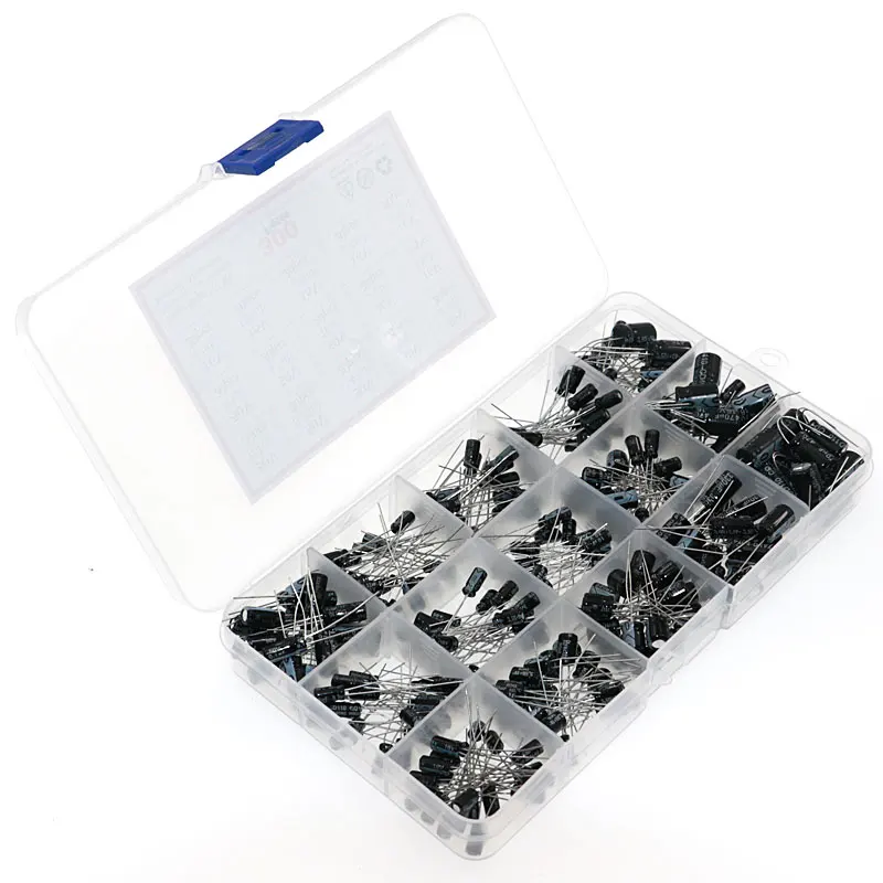 300pcs 15 Values 0.1uF-470uF Mix Electrolytic Capacitor Kit With Storage Box | Электронные компоненты и