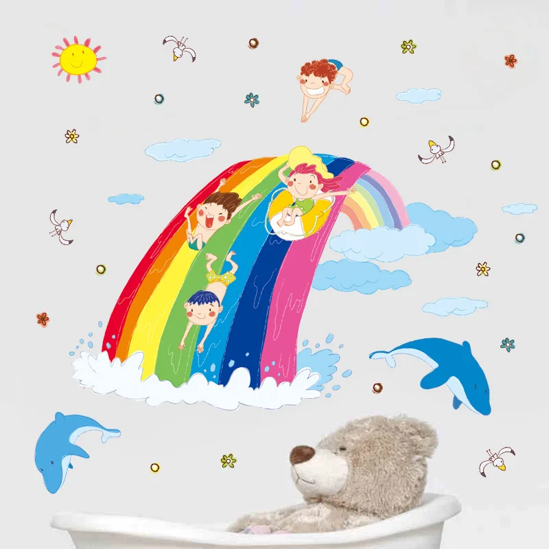 Красочные красивые радужные Мультяшные ПВХ наклейки на стену волна облака