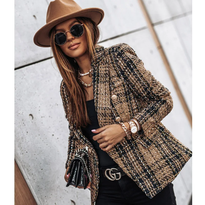 

2020 new autumn winter fashion women's British double breasted suit Plaid printed jacket autumn winter long sleeve short coat