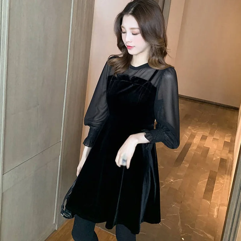 

Women's Temperament Cotton A-Line Party Dress Spring Autumn Korean Style Wild Sexy Mesh Stitching Fake Two Pieces Dresses