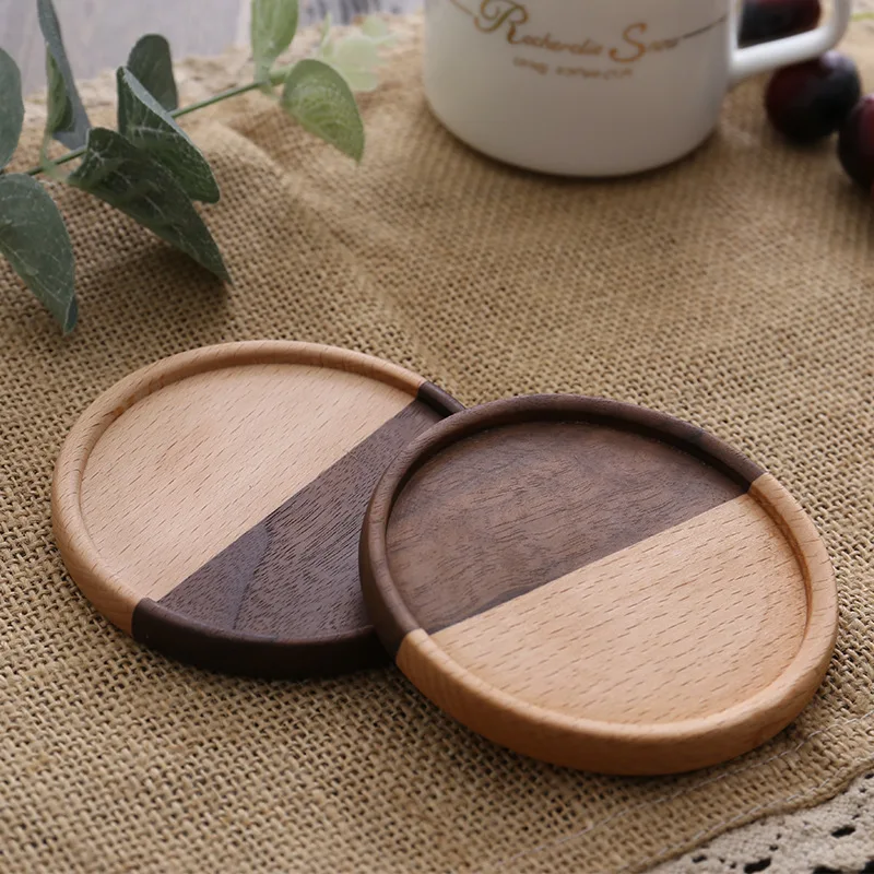 

1 Pcs Style Splicing Beech Black Walnut Wood Coaster Retro Insulation Cup Mat Household Square Round Coaster Insulation Mat
