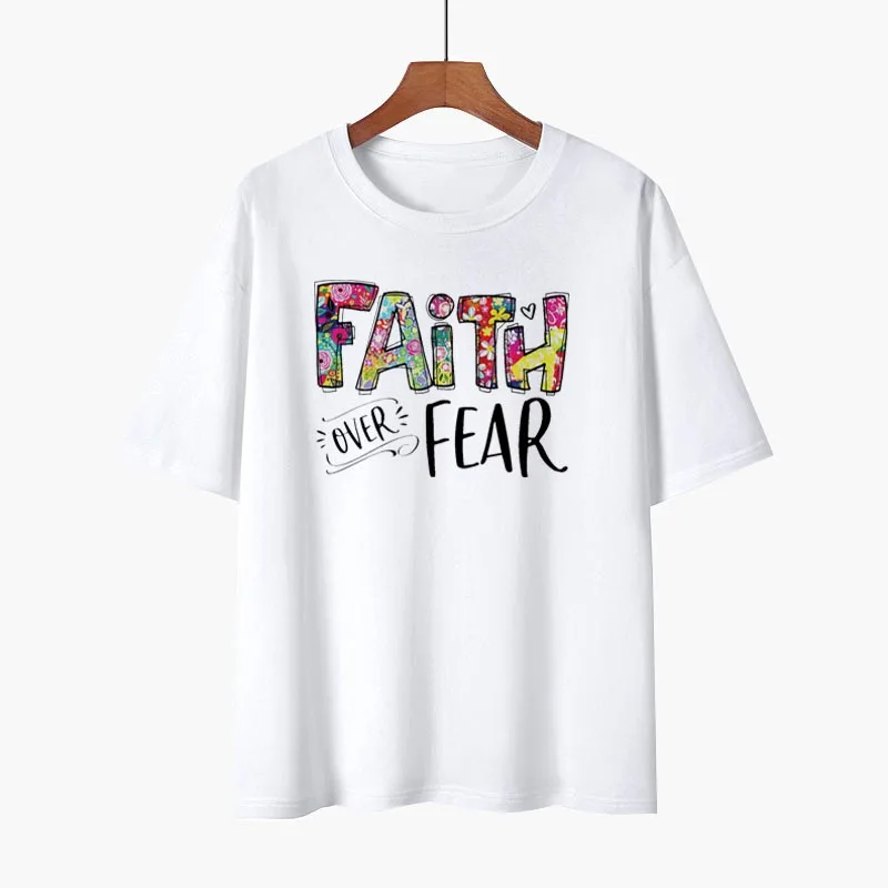 

Faith Over Fear Футболка Модные хлопковые топы; Повседневная свободная Мужская рубашка с коротким рукавом и футболки для девочек