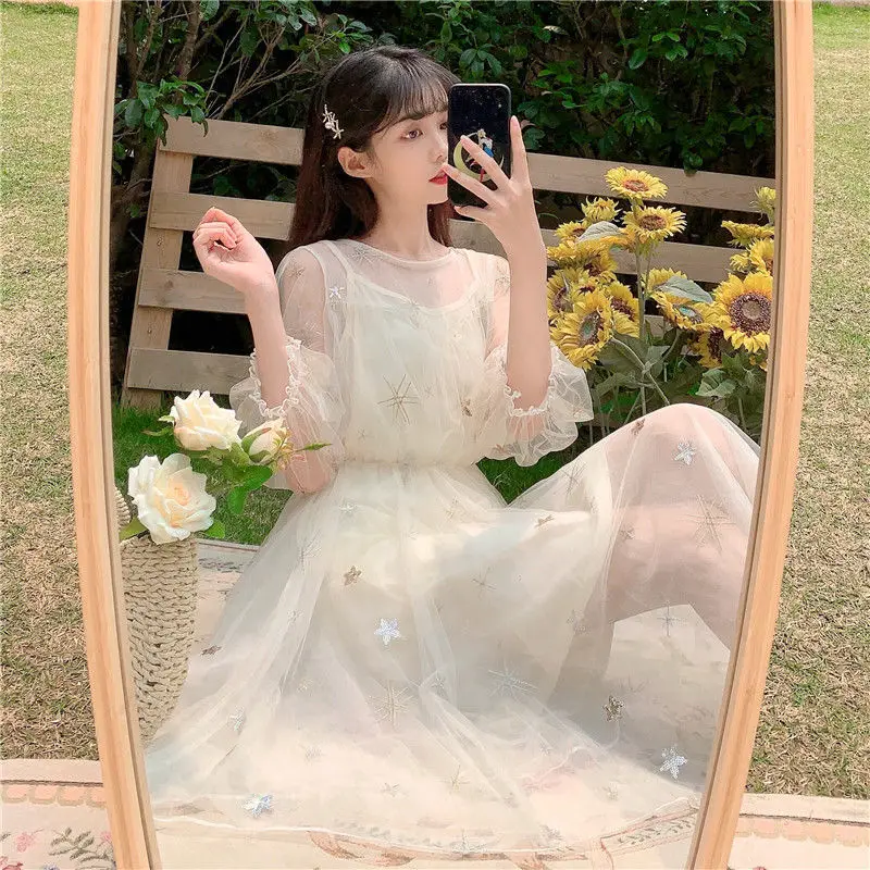 

Mesh dress with two-piece sling 2021 new waist slim super fairy sweet temperament bubble sleeve Fairy Dress