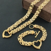 free shipping stainless steel heart gold color fashion link necklace bracelet simple jewelry sets high quality for gift scazbkdf