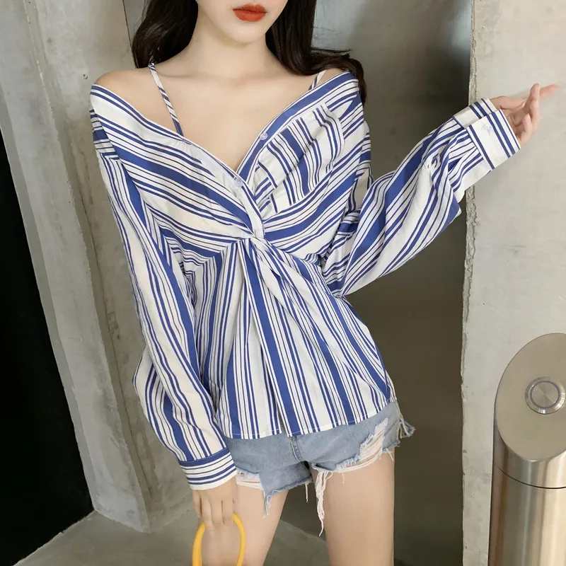 Женская блузка в полоску с V образным вырезом и длинным рукавом|Блузки| |