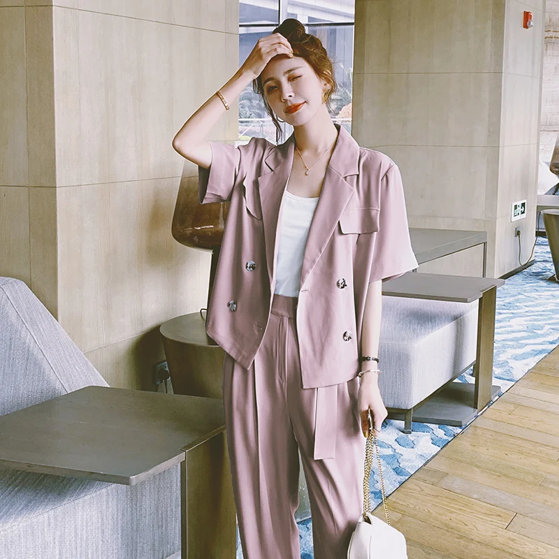 

Summer Women Two Piece Set Top and Pants Ladies Double Breasted Short Sleeve Suit Coat Jacket Wide Leg Pants 2 Piece Outfits