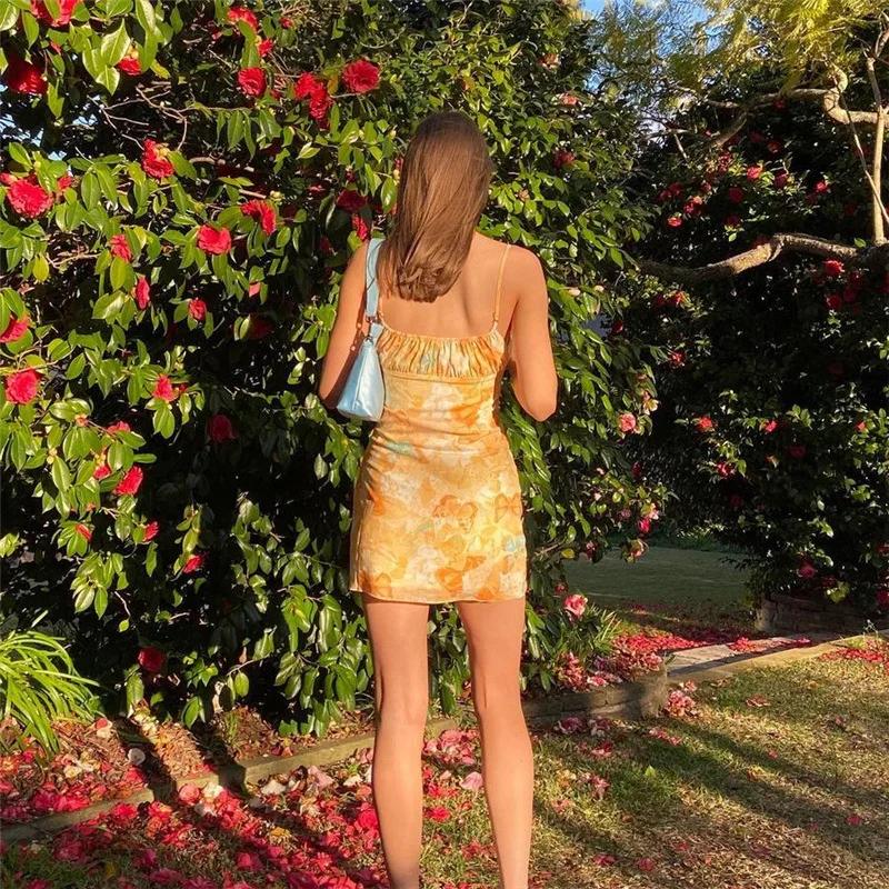 

2021 Summer Spaghetti Strap Sundress Elegant Fashion Print Cottagecore Dresses Holiday Sleeveless