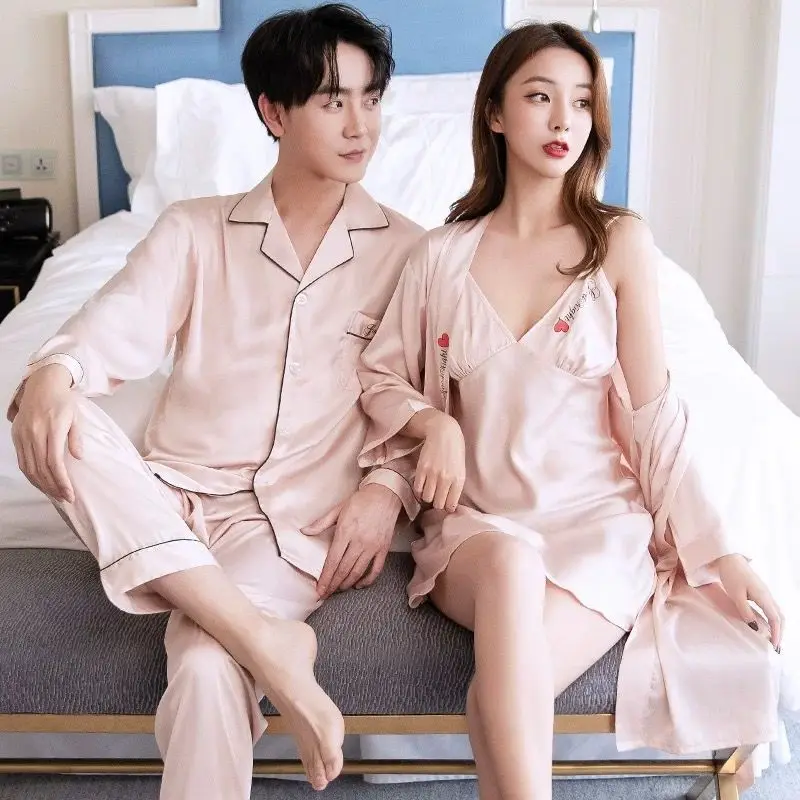 Autumn Men Pajamas Long Sleeve Home Male Pajama Set Ice Silk Loose Lover Couples Pajamas Homewear Men Soft Casual Suit Sleepwear