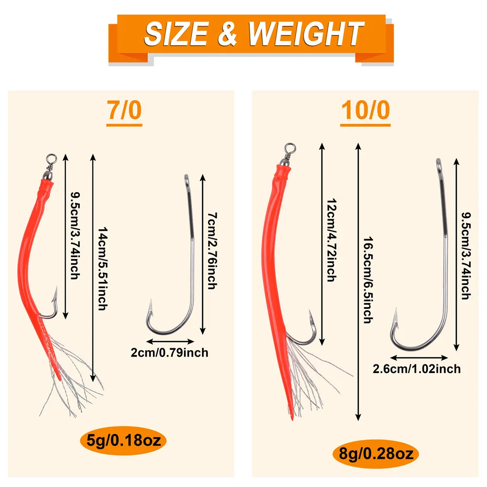 Description Picture 4 of item6Pcs Long shank Fishing hooks striped Bass fishing lure Sand Eel offset hook Luminous Silicone Tube Flash Cod Teaser bait rigs