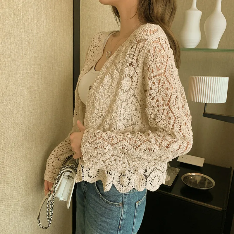 

Elegant Lace Blouse Shirt Sexy Hollow Out Blouses Feminine 2021 Summer Women Open Stitch Long Sleeve Crocheted Cardigan Tops 320