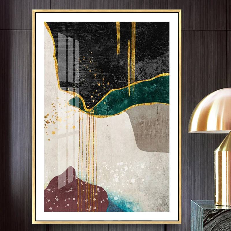 

Зеленые геометрические золотые линии абстрактная живопись на холсте настенные принты чернильная текстура брызги в скандинавском стиле для гостиной плакаты и принты