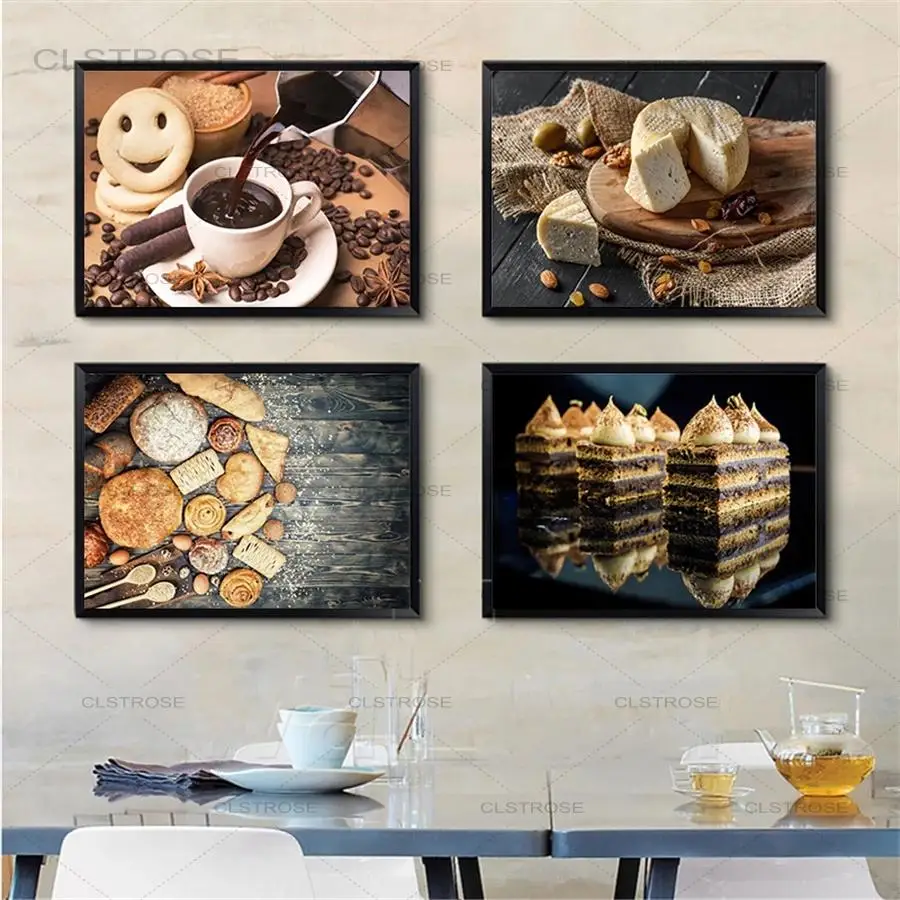 

Restaurant Food Canvas Painting Coffee Beans Cake Bread Cheese Wall Artwork Modular Canvas Poster Modern Style Home Decorative