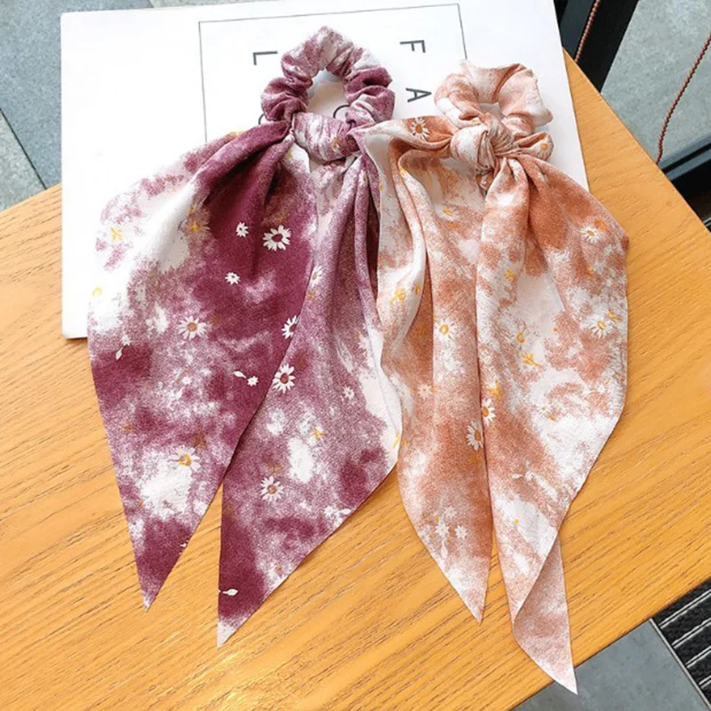 

Korean Fashion Bow Satin Long Ribbon Small Floral Gradient Print Elastic Hair Bands Bohemian Hair Scrunchies Ponytail Hair Scarf