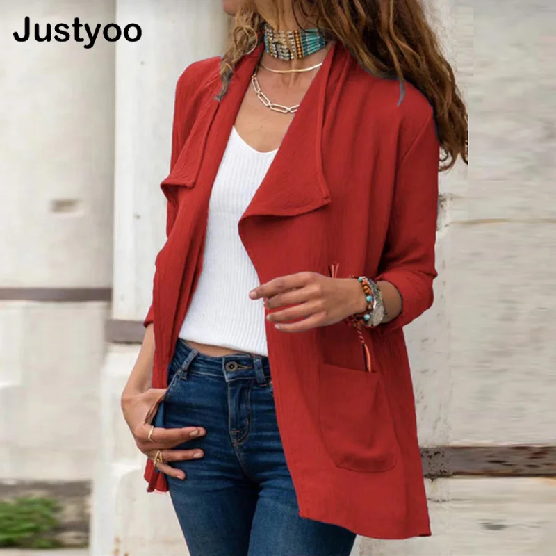 

New Autumn Women's Fashion Solid Colors Office Ladies Long Sleeve Decorative Pocket Casual Notched Collar Jackets Fashion Blazer