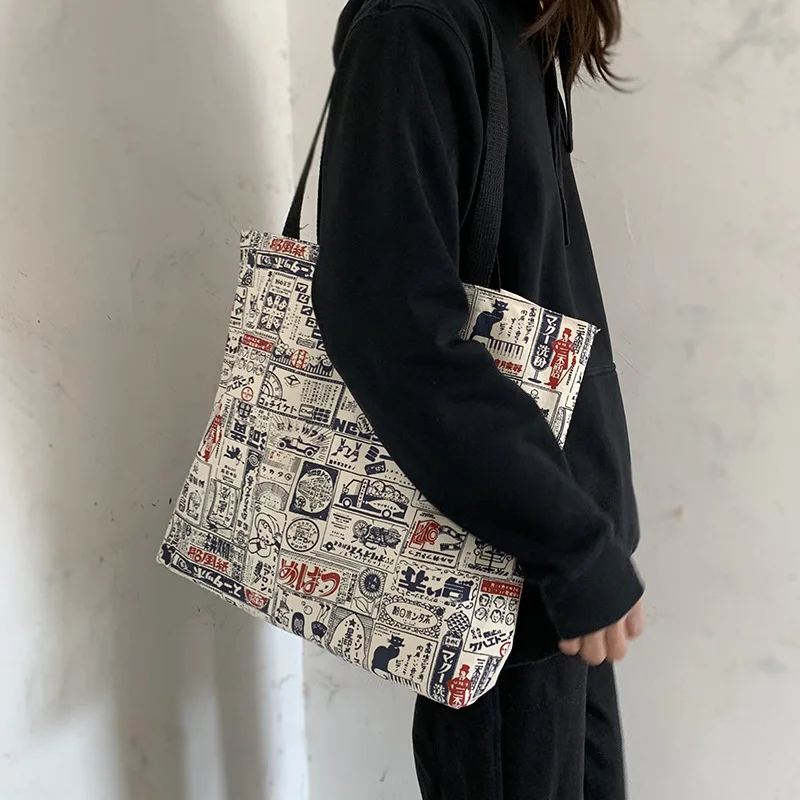 

South Korea New Large Capacity Canvas Bag Women's Shoulder Bag Illustration Design Student Travel Yoga Bag Lady