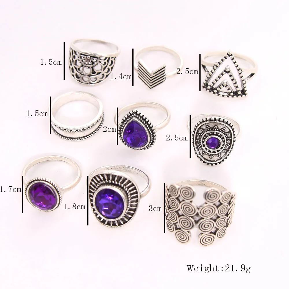 

European and American Retro Fan-Shaped Diamond Purple Gem Joint Ring Geometric Hollow Triangle Ring 9-Piece Set Girl and Women
