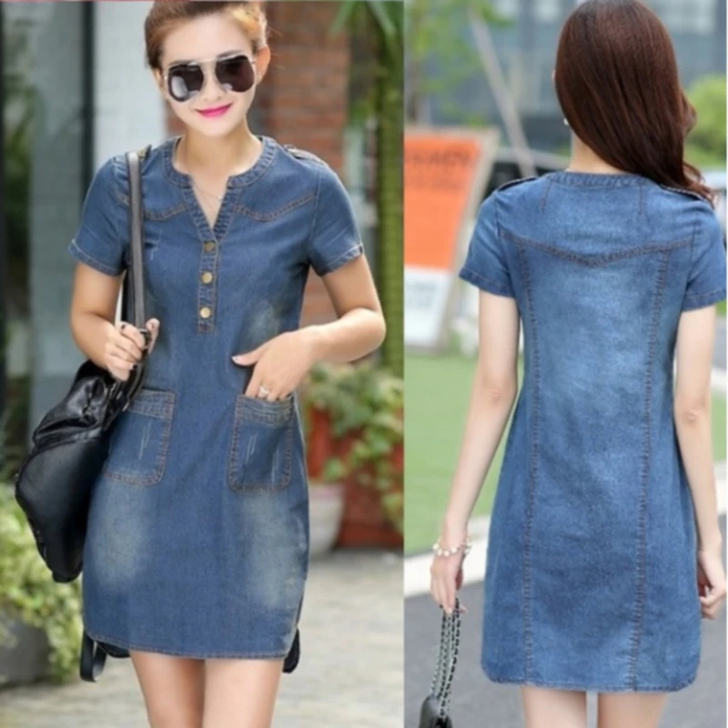 

2020 Women V Collar Pullover Short Sleeve Denim Dress Plus Size Dress Casual Dress Vestidos Summer Plus Size Beach Dress Summer
