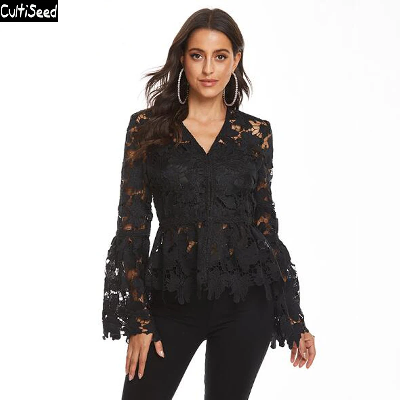 

Cultiseed Women Sexy Hollow Out Embroidery Lace Shirts Blouses Tops Female New Sweet Flare Sleeve Party Shirts Office Work Tops