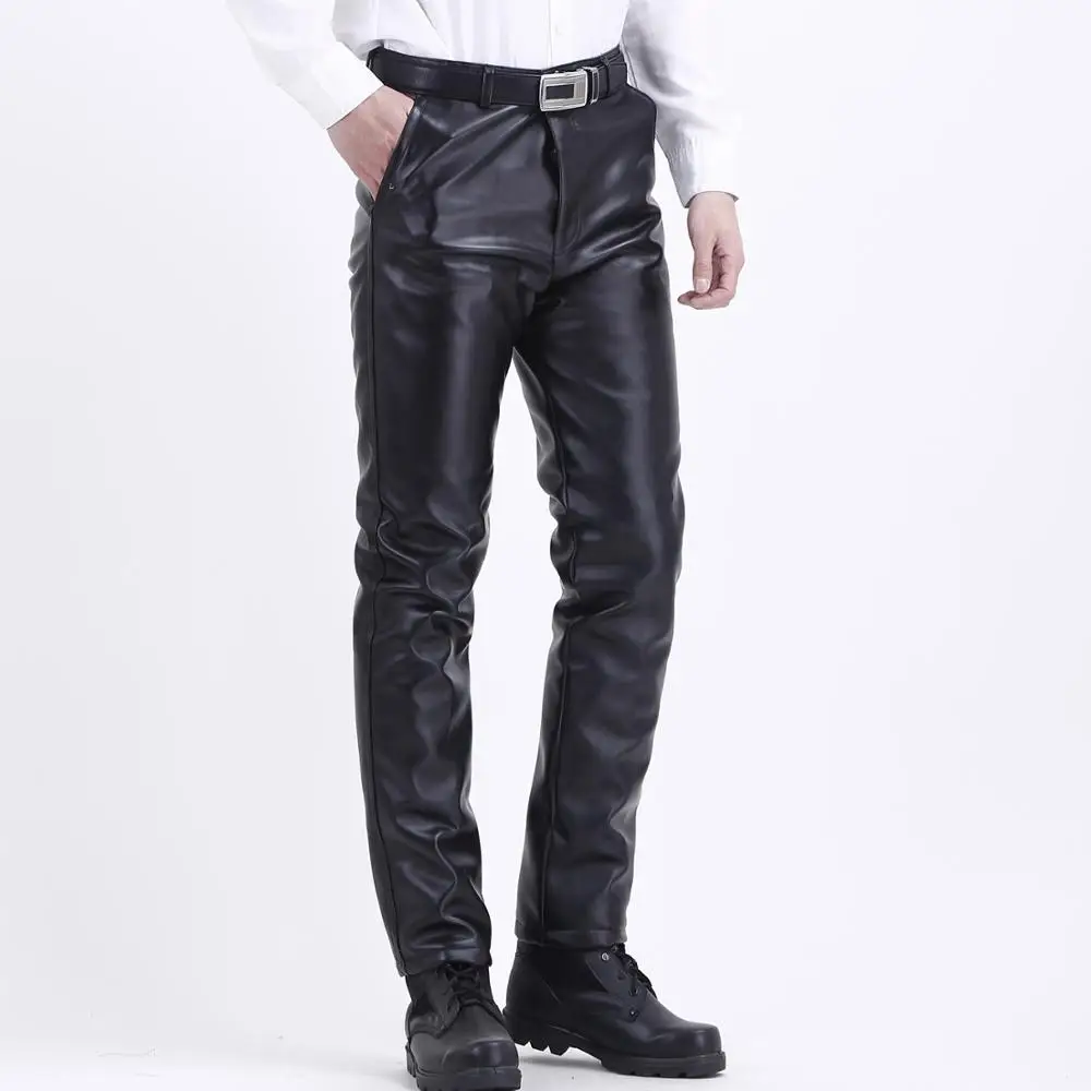 Brand Men Winter PU Leather Pants Thick Fleece Heavyweight Male Thermal & Warm Trousers Motorcycle Windproof Waterproof