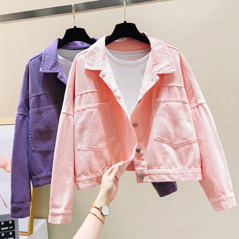 Женская джинсовая куртка свободная короткая Молодежная ярких цветов