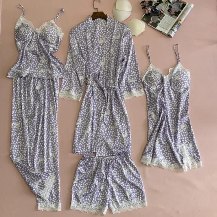 

5PCS Sleep Set Pajamas Lady Sexy Sleepwear Printed Kimono Robe Gown V-Neck Lace Trim Pyjamas Loose Lace Spring Home Clothing
