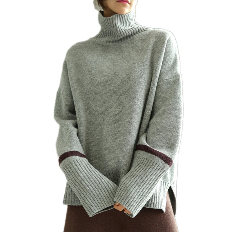 Winter Cashmere Knitted Sweater Female Long Sleeve Split Striped Loose Warm Turtleneck Women Pullovers Plus Size Korean Jumper | Женская