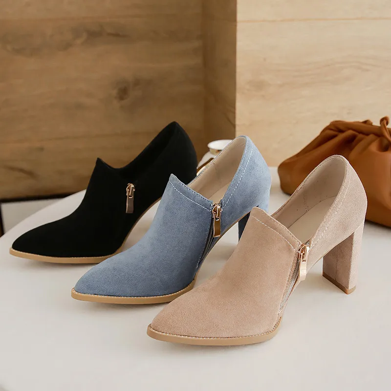 Женские туфли-лодочки из флока с острым носком на весну-лето | Обувь