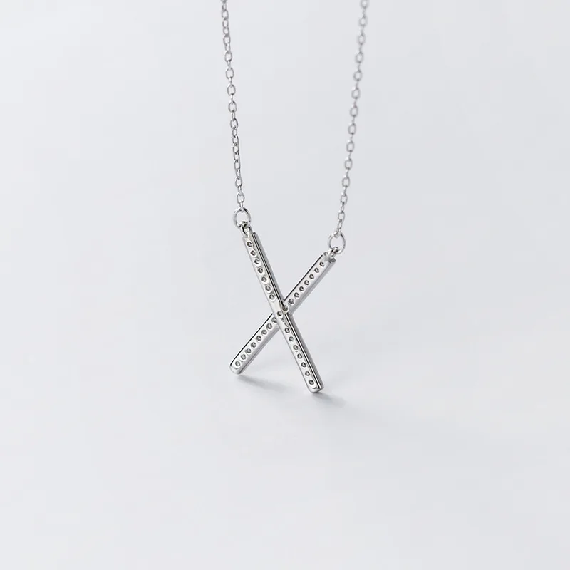 

Ginin Real 925 Sterling Silver Necklace Female Korean Style Personality Inlaid Zircon X Letter Cross Simple Neck Women Jewelry