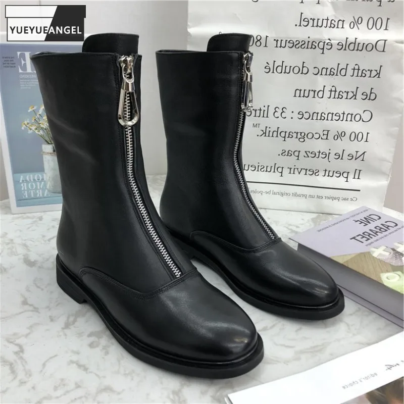 

Brand Fashion Casual Shoes Winter Warm Fleece Boots Women Genuine Leather Zipper Flat Personality Korean Female Motorcycle Boots
